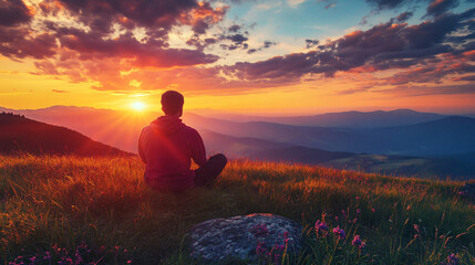 Obraz premium A person sitting alone on a hill, contemplating life as the sun paints the sky with colors.