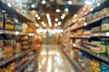 Blurry shopping market shelves background.