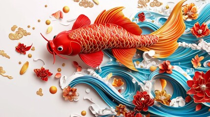 Festive Chinese New Year Concept with Joyful Cartoon-Style Red and Gold Fish Leaping in Dynamic Wave Design on White Background