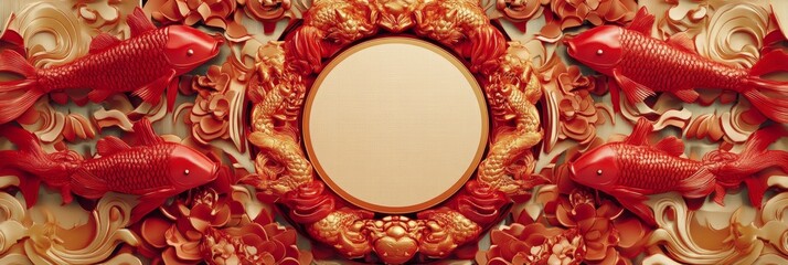 Cartoon Style Red and Gold Fish with Chinese Symbols in 3D Isolated Design