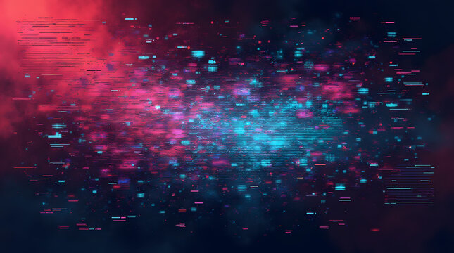 Dynamic abstract art featuring vibrant pink and blue digital noise with chaotic pixelation, fragmented lines, and glitch effects, evoking a futuristic aesthetic