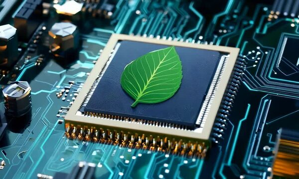 Close-up of Organic Chip with Green Leaf Texture on High-Tech Circuit Board