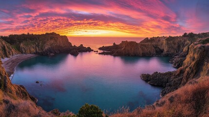 Serene Coastal Landscape at Sunset with Dramatic Sky Colors