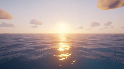 Serene Ocean Sunset with Gentle Waves and Fluffy Clouds in Sky
