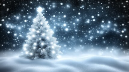 Naklejka premium A snow covered Christmas tree glows in the winter night