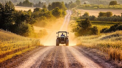 Fototapeta premium Tractor driving down a dusty rural road with lush fields and a scenic landscape.