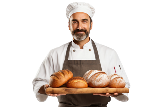 A Man Holding a Tray of Freshly Baked Bread and Rolls. White or PNG Transparent Background. - Powered by Adobe