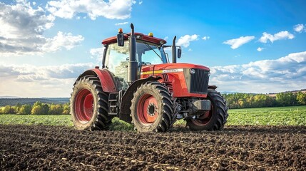 Obraz premium A red tractor on a farm field under a blue sky with clouds.