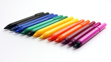 Fototapeta premium A neatly arranged set of colorful pens, pencils, and markers on a clean white desk, with soft shadows and a minimalist background
