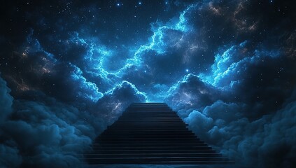 A dark background with blue glowing stars and nebulae in the sky, and stairs leading up to it. 
