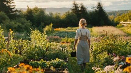 A woman walks through a vibrant garden under a sunny sky, surrounded by lush greenery and flowers.