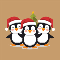 Cute Penguins wearing Santa Claus hat standing on white background flat design vector illustration