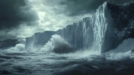 Naklejka premium Dramatic Antarctic glacier calving with massive ice chunks falling into the ocean, creating splashing waves under a stormy sky. Deep blue glacial ice contrasts with the pristine wilderness.