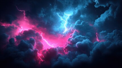 Powerful, vibrant, neon lightning bolts striking dark, stormy clouds.