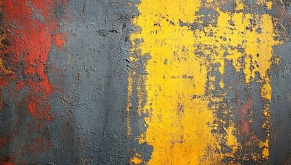 Abstract grunge background with yellow, gray, and red paint on an old metal texture.