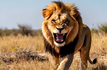 Obraz premium portrait of a solitary lion, its anger palpable, in the heart of the wild.