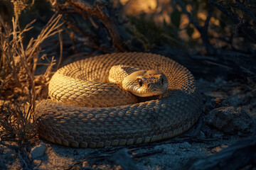 Fototapeta premium A coiled snake resting on the ground, illuminated by warm light in a natural setting.