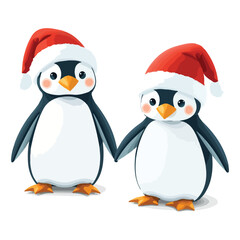 Cute Penguins wearing Santa Claus hat standing on white background flat design vector illustration