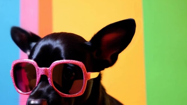 A Chihuahua in pink stylish glasses looks around and twists his face around. With copy space 