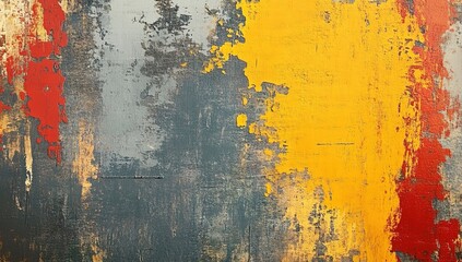 Abstract grunge background with yellow, gray, and red paint on an old metal texture.