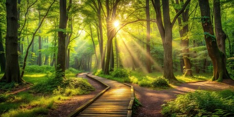 Fototapeta premium Serene Forest Path at Sunrise A Wooden Walkway Branches into Two Trails Through Lush Green Trees Bathed in Golden Sunlight