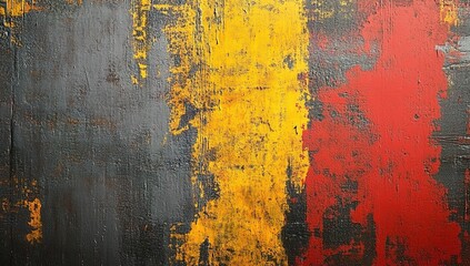 Abstract grunge background with yellow, gray, and red paint on an old metal texture.