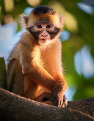 Obraz premium Goldenfurred Vervet Monkey, Wildlife Portrait, African Primate, Sitting, Branch, Generated image