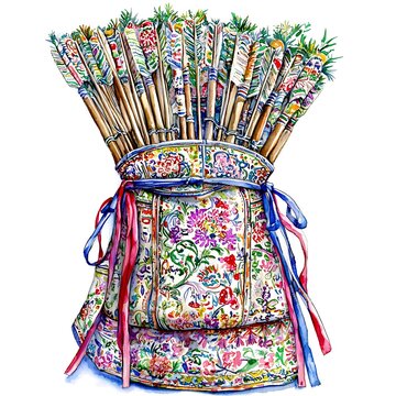 A vibrant watercolor painting of a quiver filled with colorful arrows, adorned with a floral patterned fabric bag and ribbons.