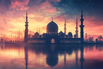 Fototapeta premium Majestic Mosque Silhouette at Sunset Over Calm Water