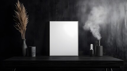 Minimalist white photo frame mockup on a black wooden table, set against a sleek black wall. Studio lighting and dust particles in the air emphasize the clean modern design and matte finish.