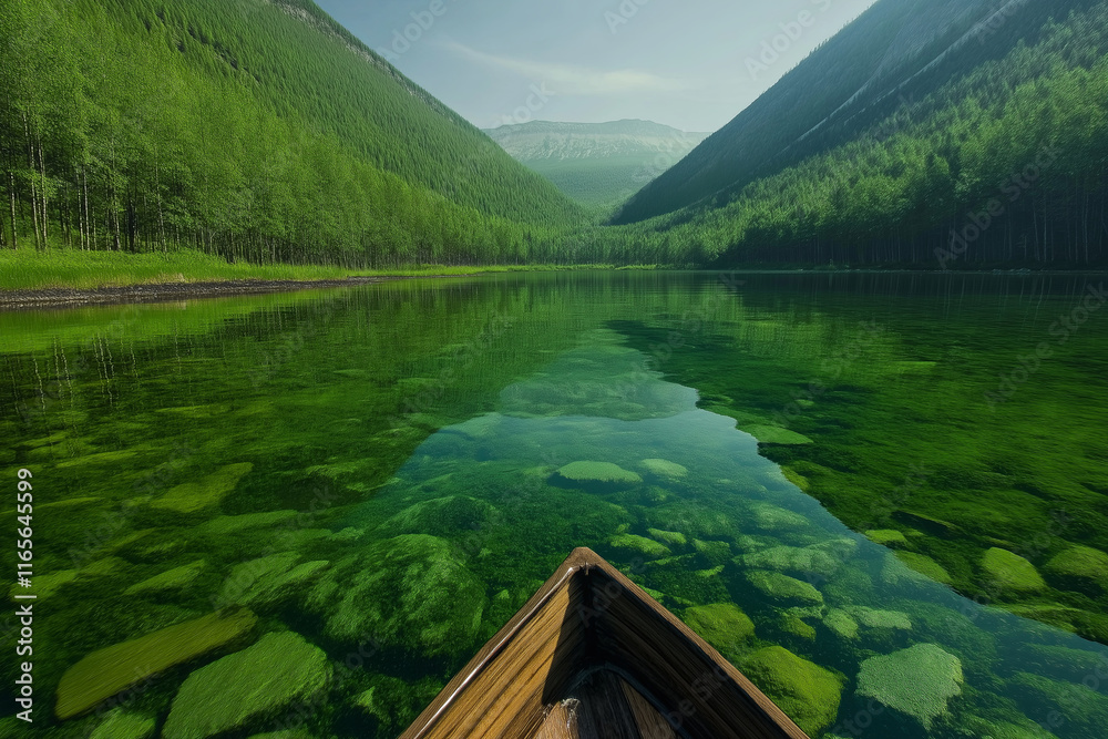 Poster a calm lake where the surface shows a completely different dimension than the world above