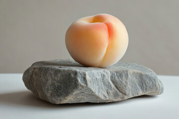 A single, ripe peach rests delicately atop a rough-hewn grey stone.