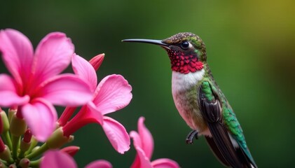Fototapeta premium close-up of hummingbird's face with pink flowers , watercolor, nature