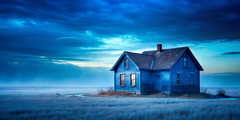 A serene blue house is positioned in an open field, surrounded by tall grass. The sky displays deep blues and dramatic clouds, casting a tranquil ambiance at dusk