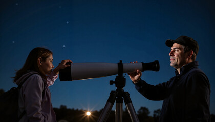 Science teacher demonstrating telescope use to student under starlit sky, astronomy education