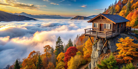 Obraz premium A wooden cabin sits on a rocky ledge, surrounded by vibrant autumn trees. Below, a thick layer of fog blankets the valley, while the sun sets, casting warm colors across the landscape