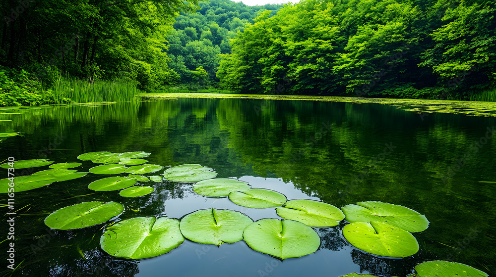 Poster lush green pond with lily pads surrounded by dense trees and calm water