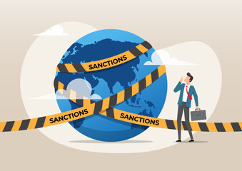 businessman look at planet earth world country with prohibited yellow tape with word sanctions