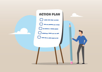 businessman present action plan with checklist step on whiteboard