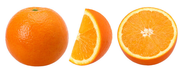 Orange fruit, half and slices isolated, Orange fruit macro studio photo, transparent PNG, collection, PNG format