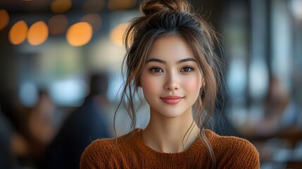 Obraz premium Portrait of Young Woman in Cozy Cafe Setting