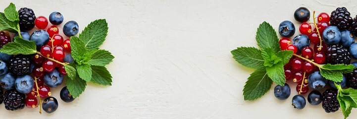 Fresh berries and mint leaves arranged beautifully on a light background