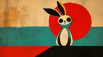 A vibrant vintage illustration of a white rabbit with groovy patterns, bold colors, and a lively 70s-inspired aesthetic.	