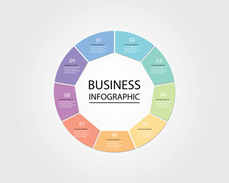 Business design template for an infographic banner featuring circular diagrams with Nonagon shape