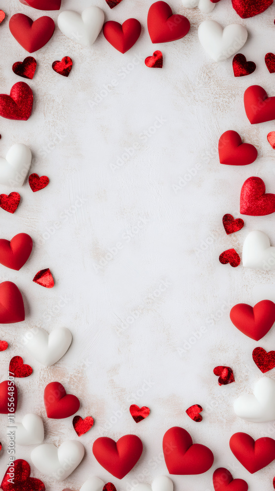 Poster red and white hearts forming a vertical frame on a textured background, perfect for valentine's day 