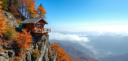 Fototapeta premium A wooden cabin stands majestically on a cliff, offering breathtaking views of the surrounding mountains and valleys filled with autumn colors. Clear blue skies enhance the serene atmosphere