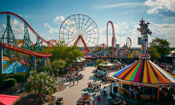 A vibrant amusement park featuring rides, attractions, and visitors enjoying a sunny day.