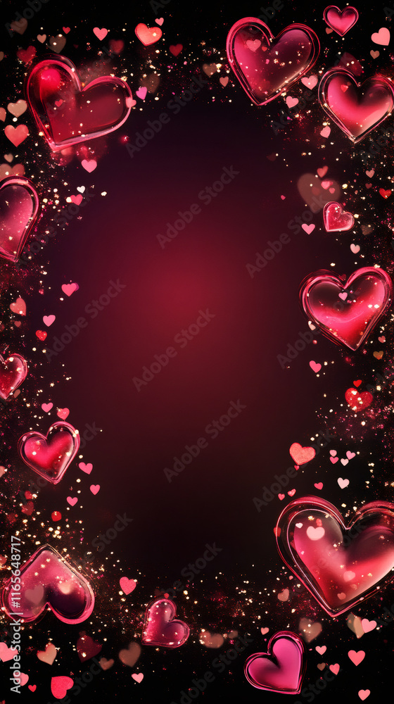 Poster Vertical background with a frame of red and pink hearts with glitter and bokeh effect, ideal for Valentine's Day projects