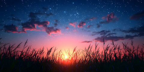 Fototapeta premium Sunset over field of tall grass under starry night sky.
