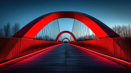 Red arch bridge at dawn.